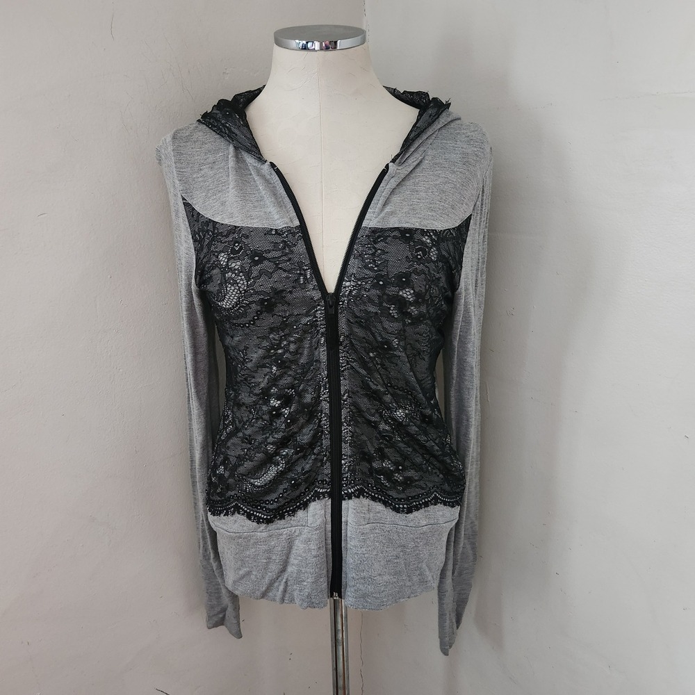 Evy's Tree Gray Black‎ Lace Front Zip Up Hoodie Sweatshirt Womens Medium